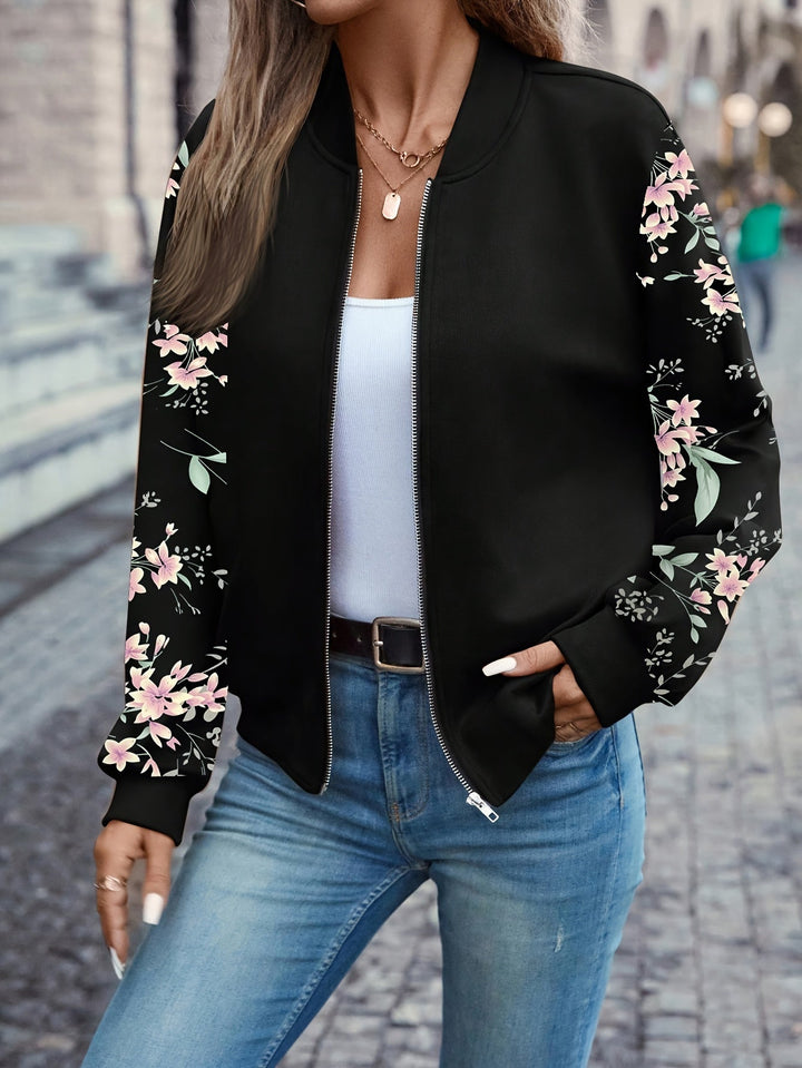 Übergangsjacke Damen | Bomberjacke Damen | Blumenprint-Ärmel & Zipper für schnellen Style