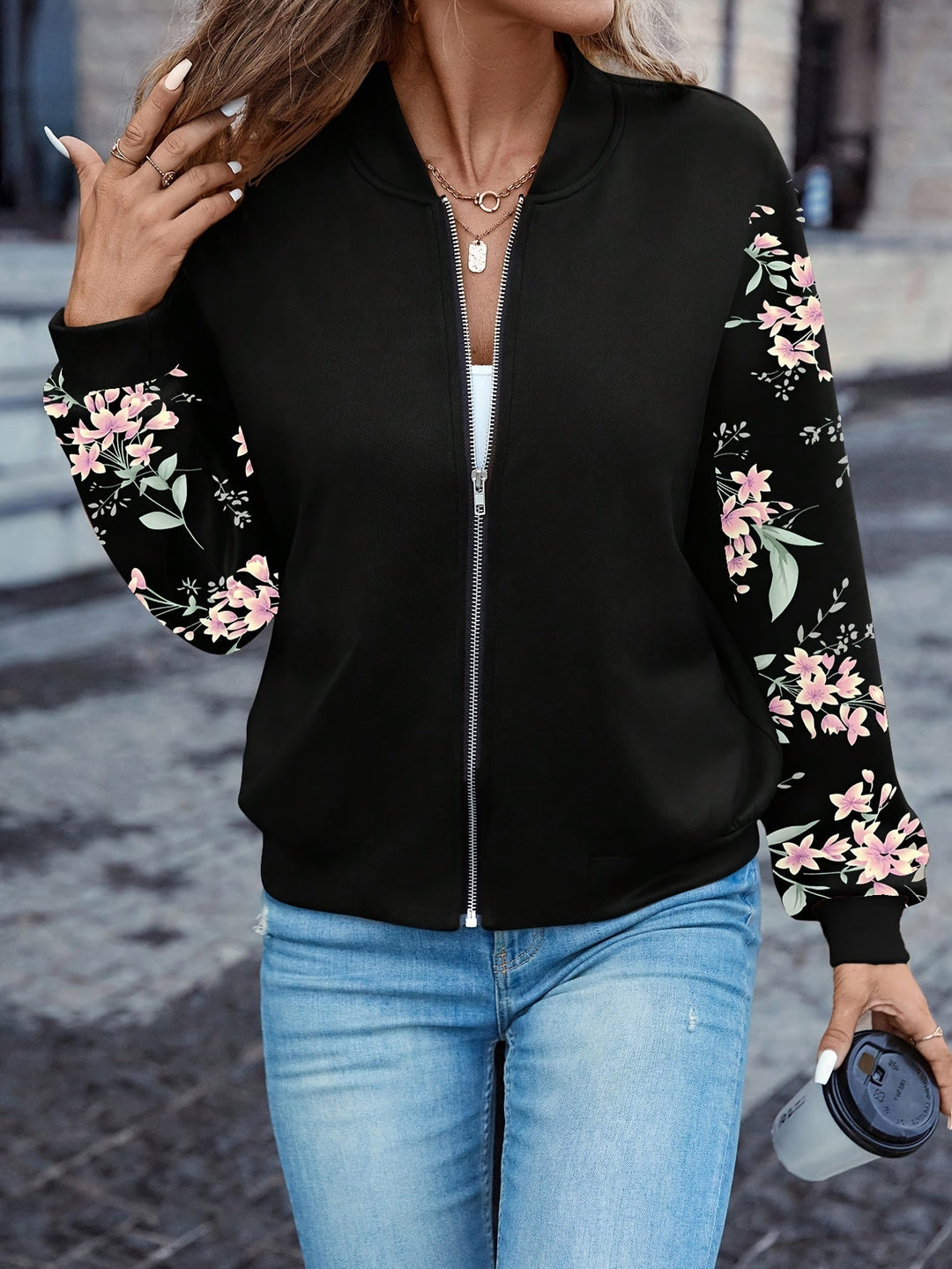 Übergangsjacke Damen | Bomberjacke Damen | Blumenprint-Ärmel & Zipper für schnellen Style
