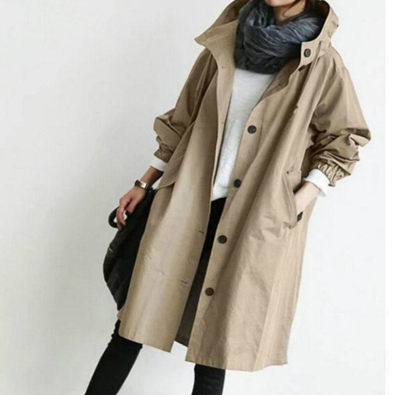 Übergangsjacke Damen | Lange Jacke Damen | Kapuze & Knopfleiste für flexiblen Schutz