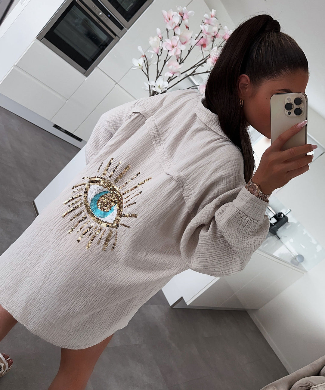 Ultra Oversize Musselin Bluse Glitzer Auge Beige  Ladypolitan ♡   