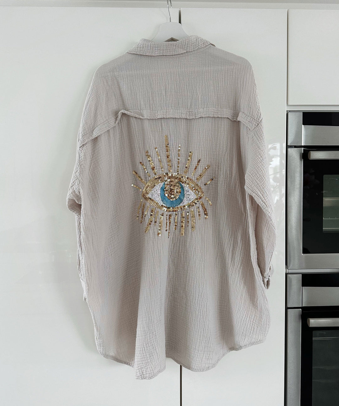 Ultra Oversize Musselin Bluse Glitzer Auge Beige  Ladypolitan ♡   