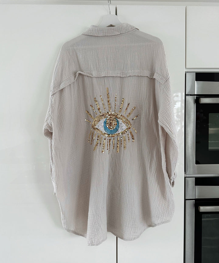 Ultra Oversize Musselin Bluse Glitzer Auge Beige  Ladypolitan ♡   