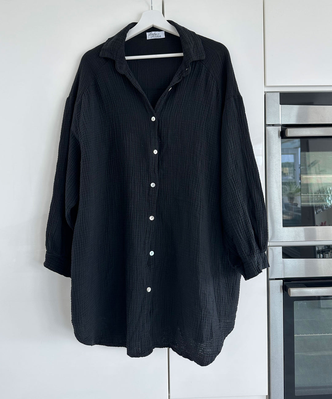 Ultra Oversize Musselin Bluse Glitzer Auge Schwarz