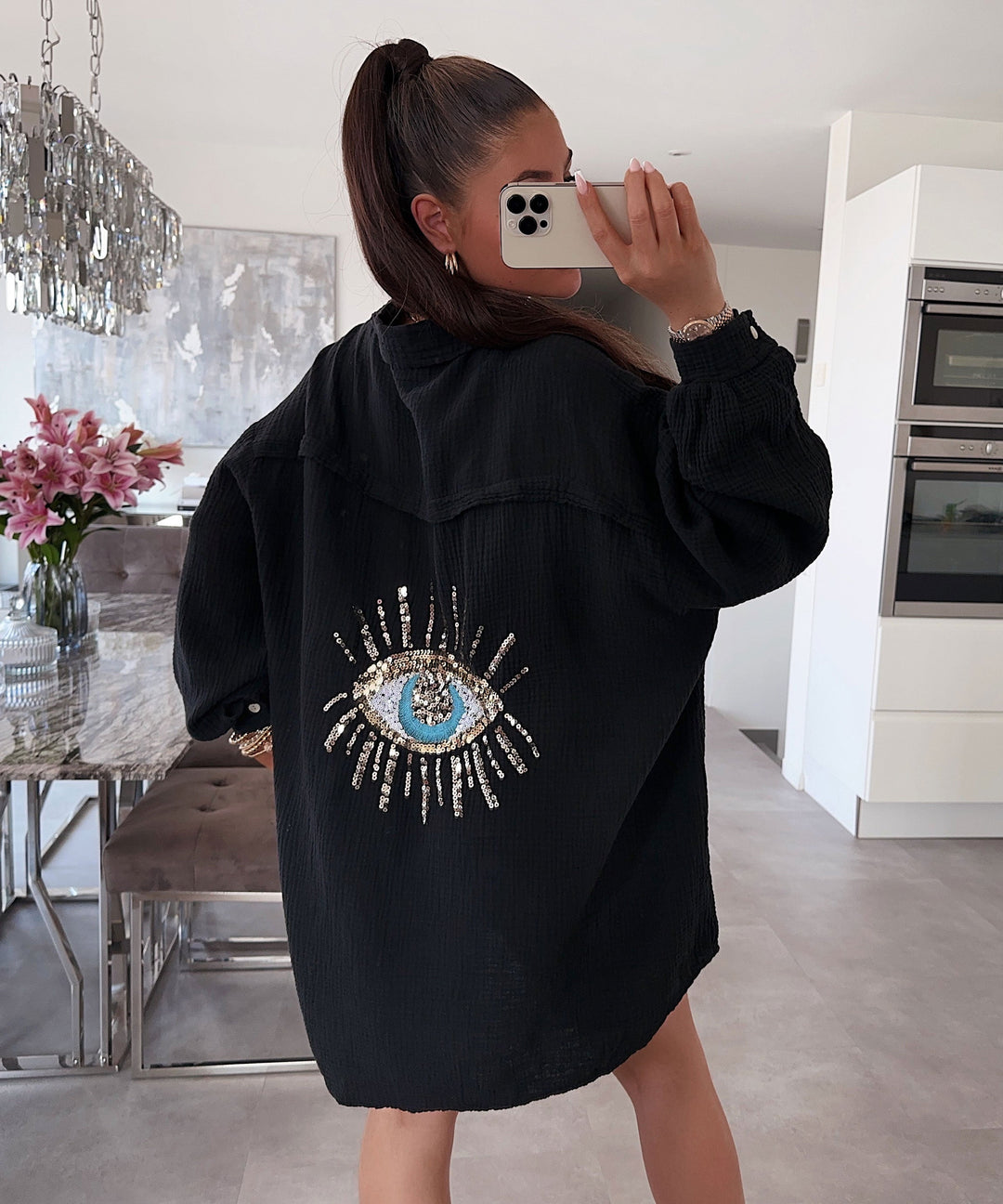 Ultra Oversize Musselin Bluse Glitzer Auge Schwarz