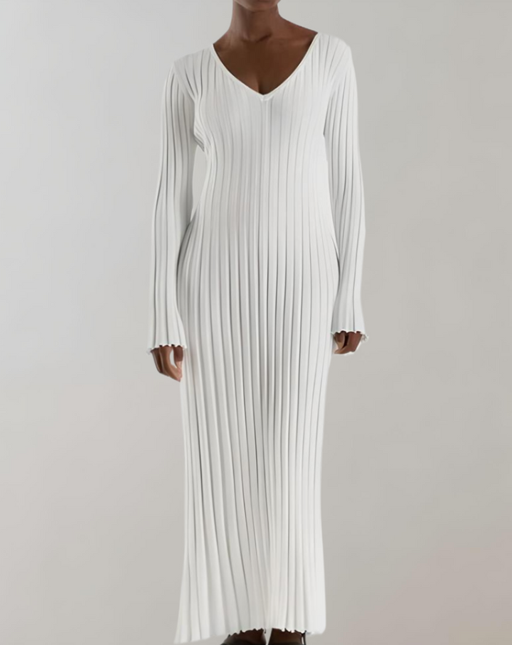 Unifarbenes Maxikleid aus Strick mit langen Ärmeln und V-Ausschnitt