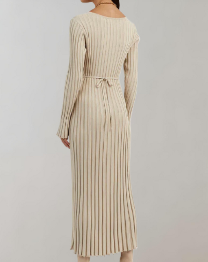 Unifarbenes Maxikleid aus Strick mit langen Ärmeln und V-Ausschnitt