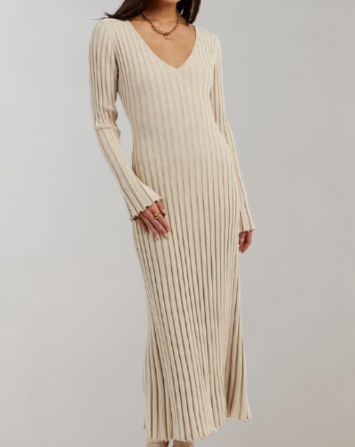 Unifarbenes Maxikleid aus Strick mit langen Ärmeln und V-Ausschnitt