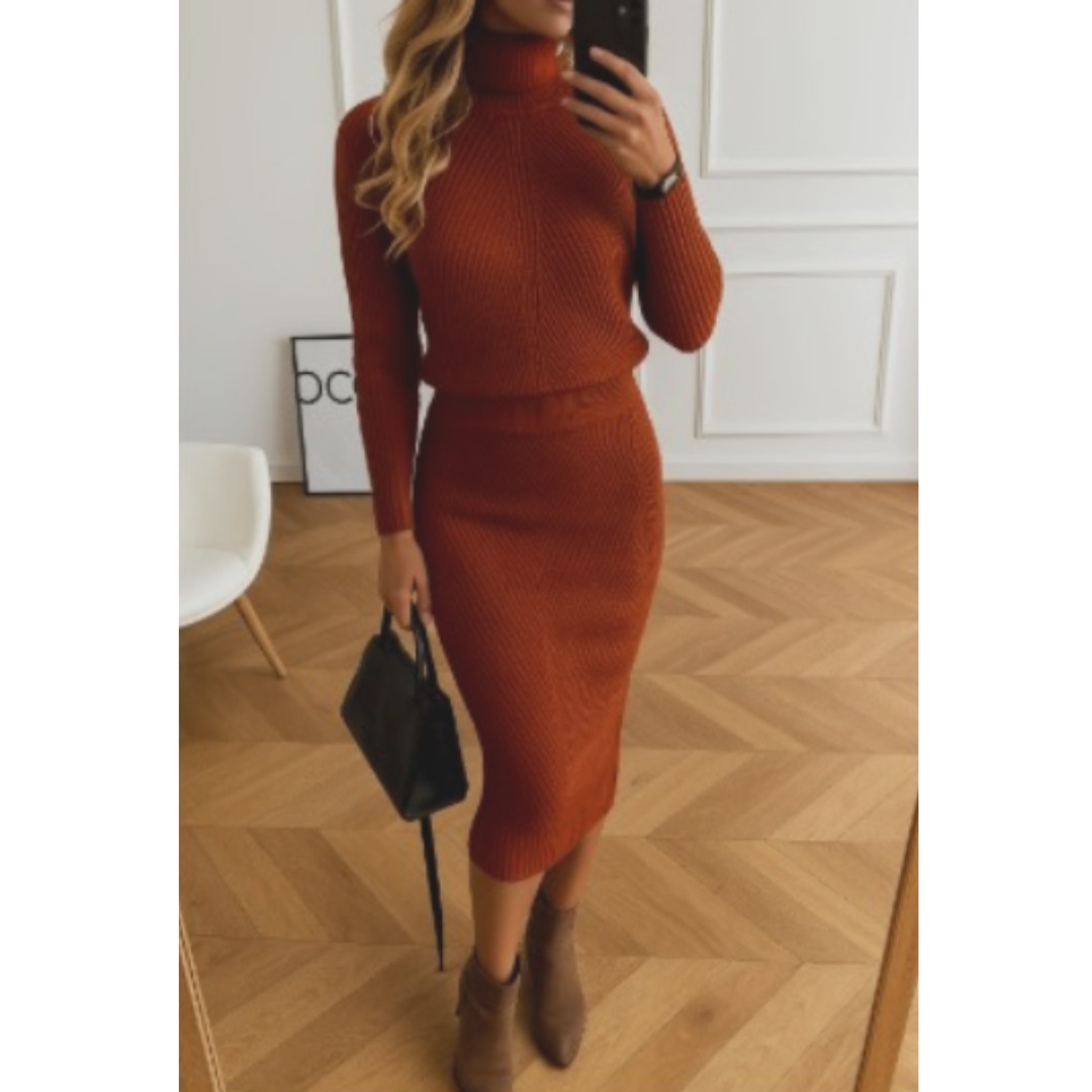 Damen Strickkleid Rollkragen knielang