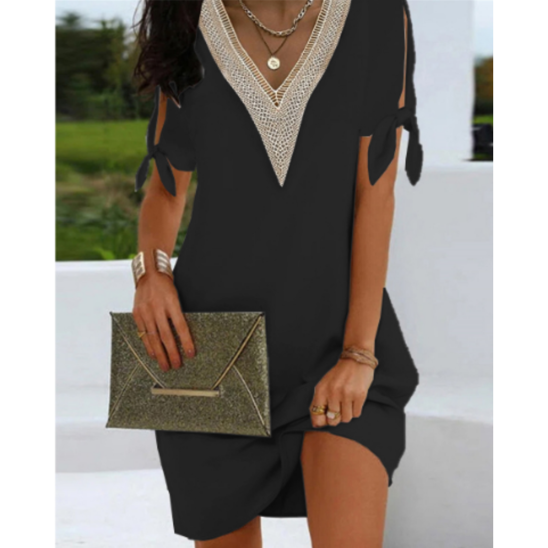 Minikleid Damen Boho V-Ausschnitt Kurzarm