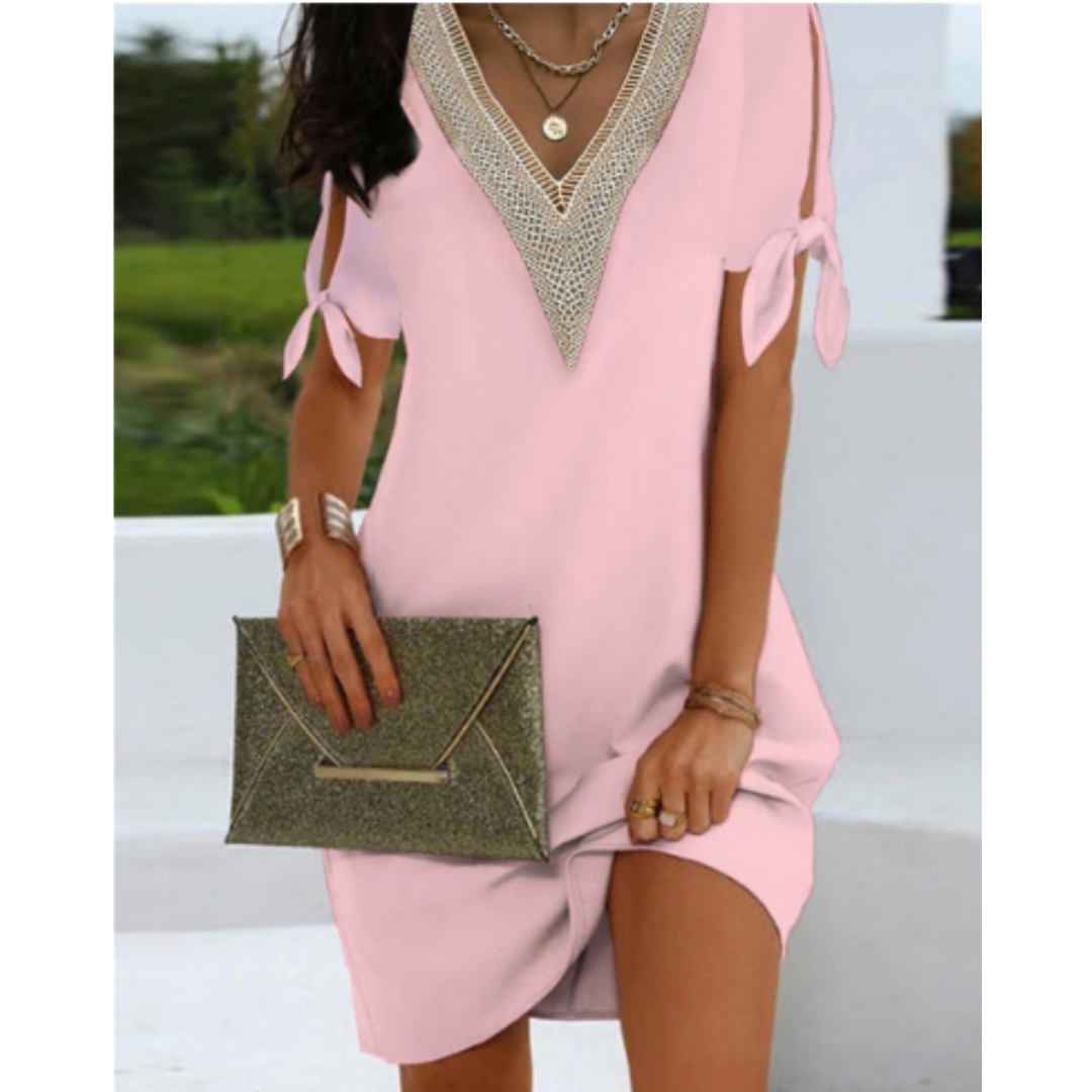 Minikleid Damen Boho V-Ausschnitt Kurzarm