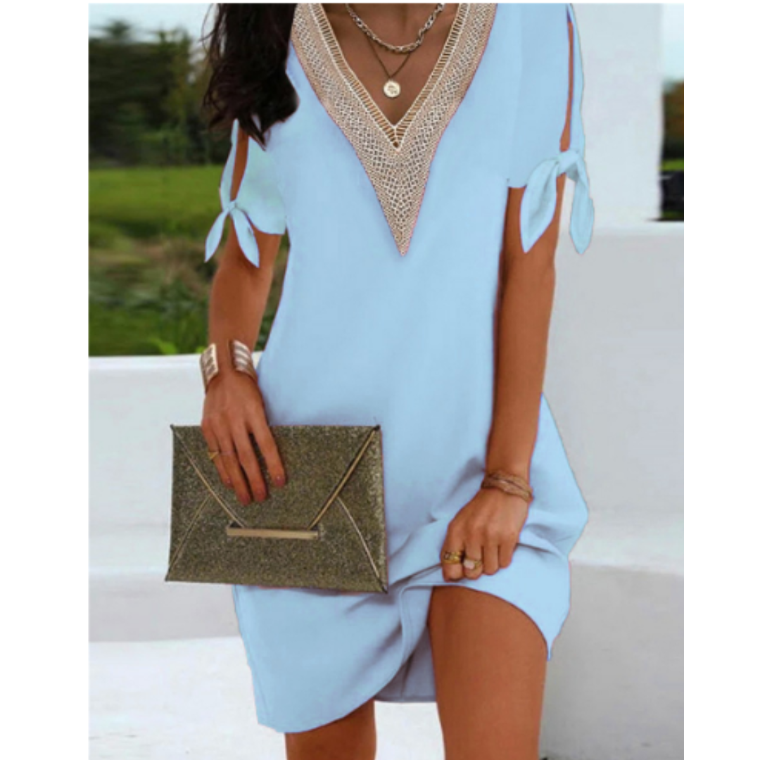Minikleid Damen Boho V-Ausschnitt Kurzarm