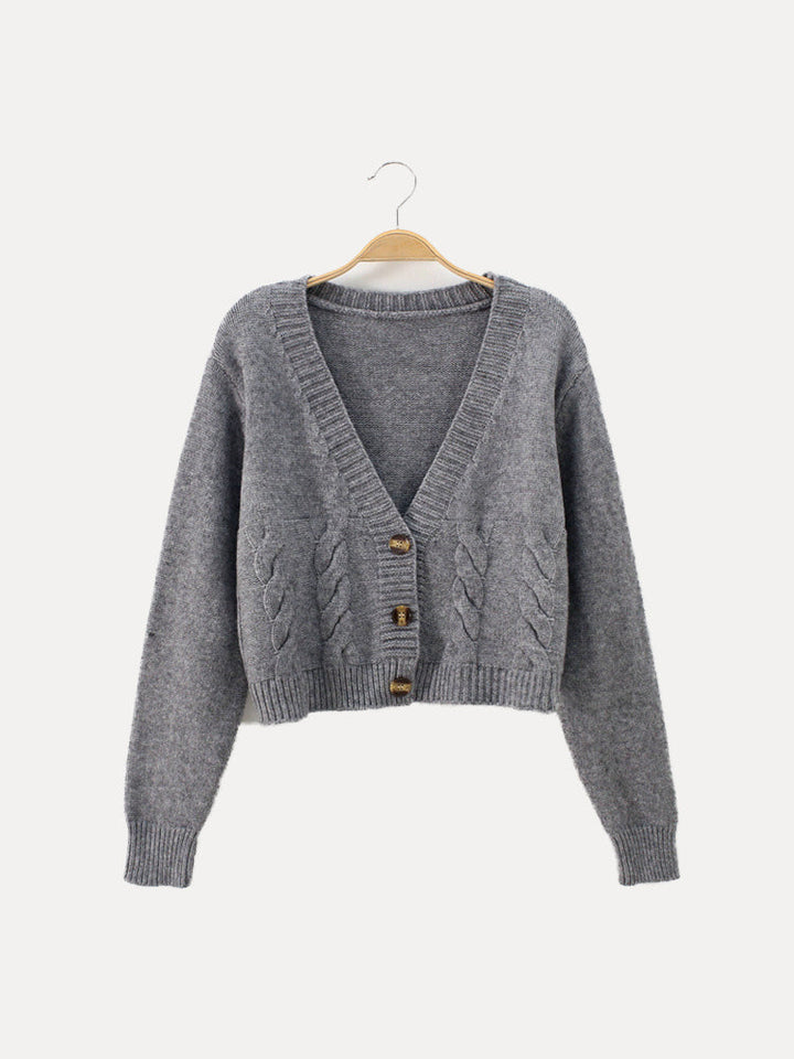 Christa | Damen Zopfmuster-Strickjacke mit V-Ausschnitt und Knöpfen