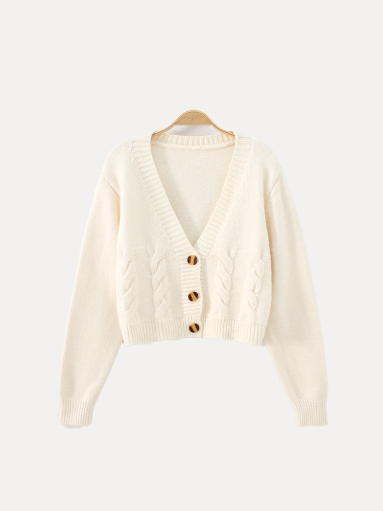 Christa | Damen Zopfmuster-Strickjacke mit V-Ausschnitt und Knöpfen