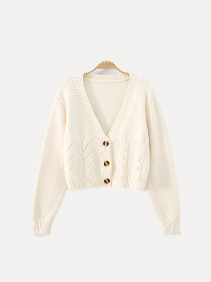 Christa | Damen Zopfmuster-Strickjacke mit V-Ausschnitt und Knöpfen