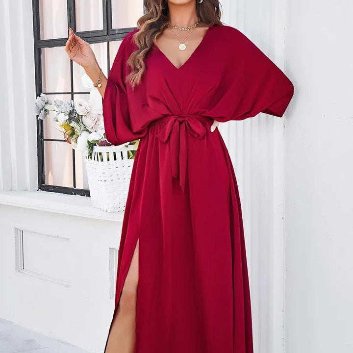 Damen Maxikleid V-Ausschnitt Krawattengürtel Schlitz