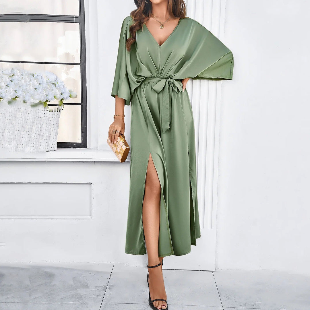 Damen Maxikleid V-Ausschnitt Krawattengürtel Schlitz