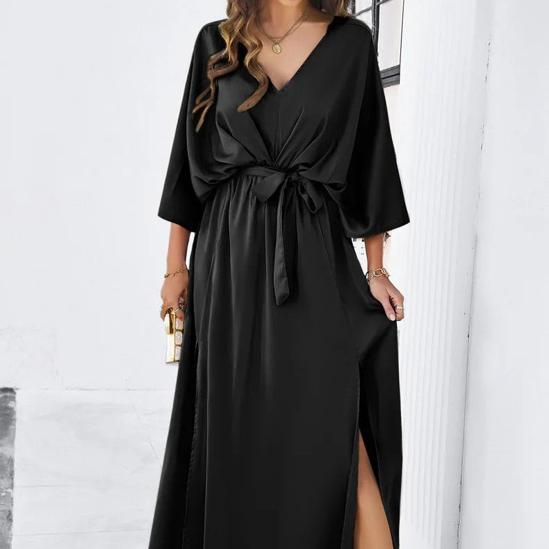 Damen Maxikleid V-Ausschnitt Krawattengürtel Schlitz