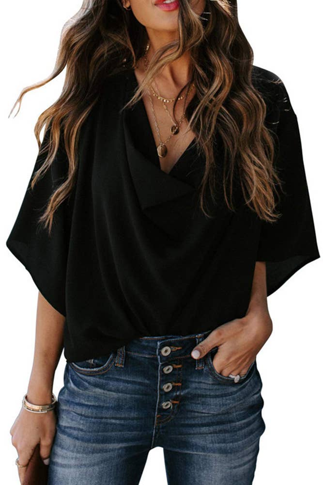 Vera | Elegante, Drapierte Schwarze Bluse Damen mit Fledermausärmeln 0