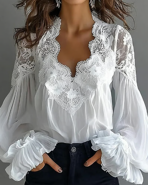Victoria | Elegante Bluse aus floraler Spitze mit Laternenärmeln 0