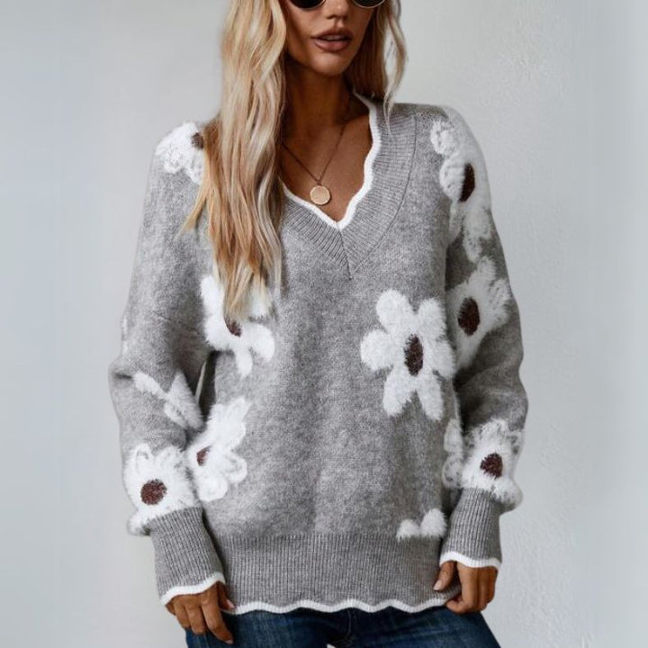 Vilma - Trendiger Damenstrickpullover mit Blumenmotiv