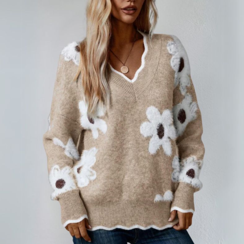 Vilma - Trendiger Damenstrickpullover mit Blumenmotiv
