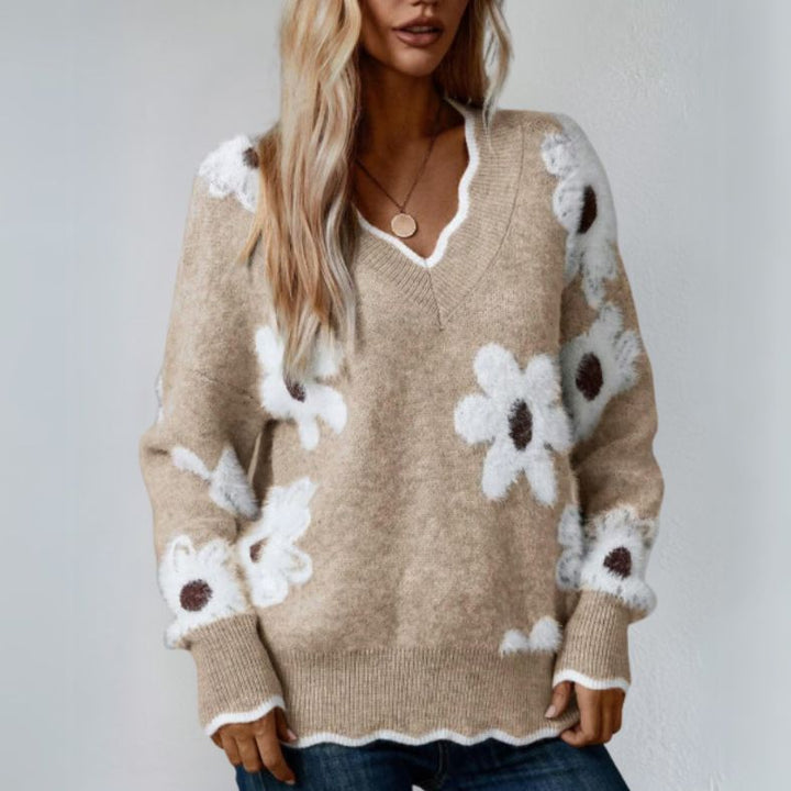 Vilma - Trendiger Damenstrickpullover mit Blumenmotiv