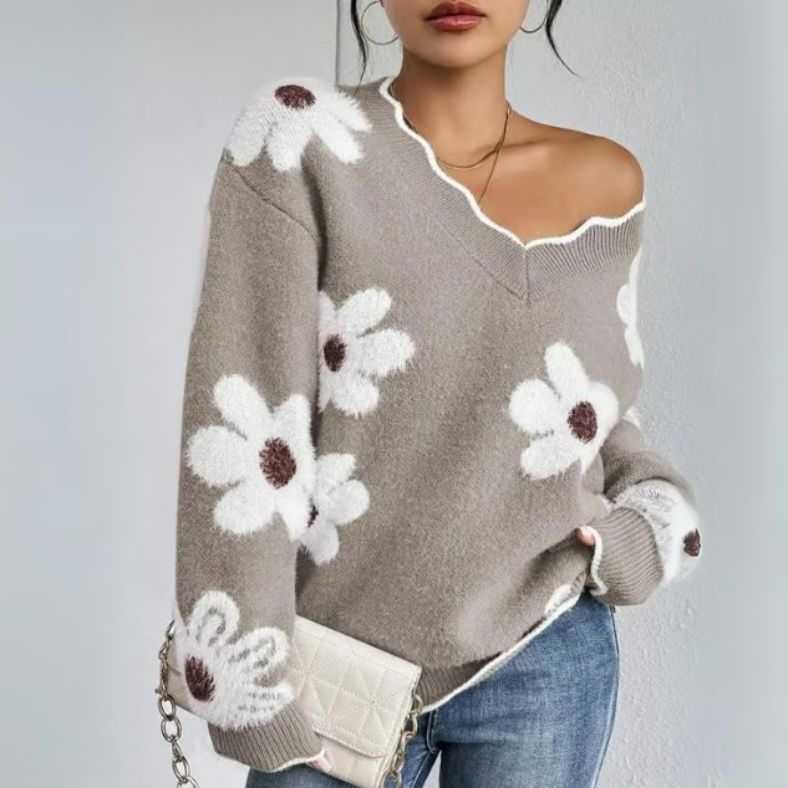 Vilma - Trendiger Damenstrickpullover mit Blumenmotiv
