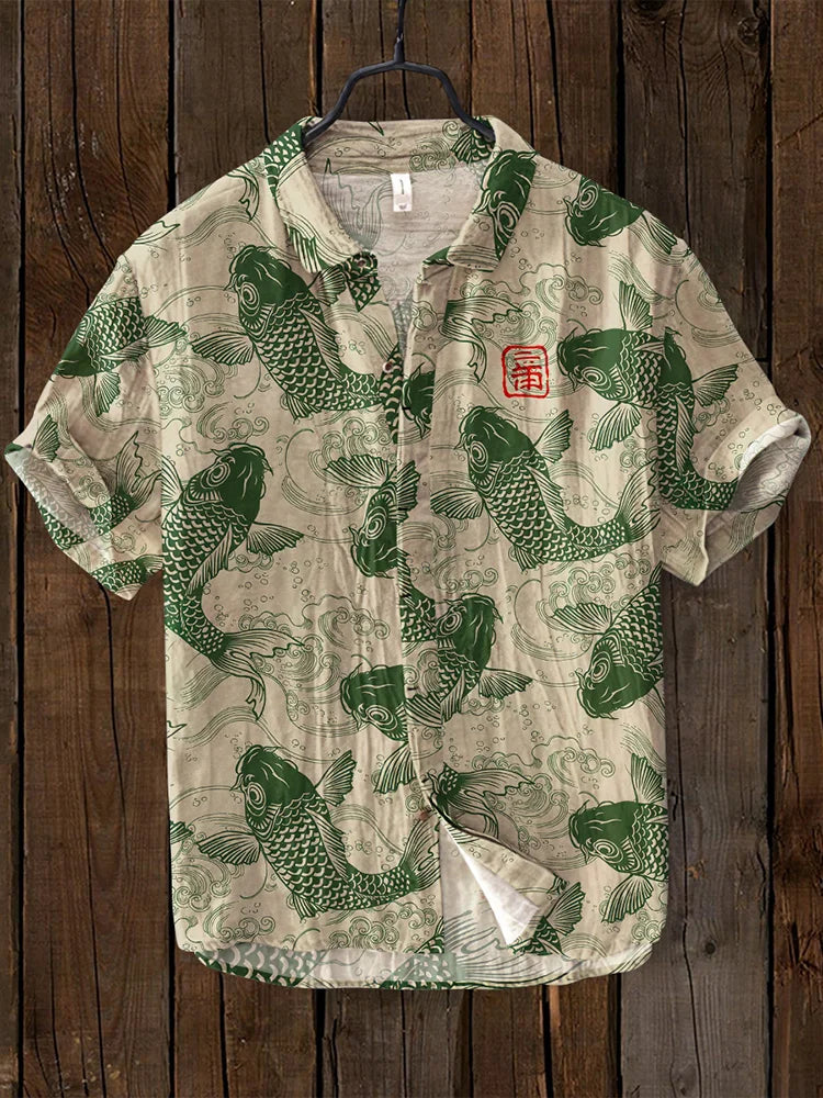 Vintage Fisch Kunst Leinenmischungshemd für Herren - Osamu