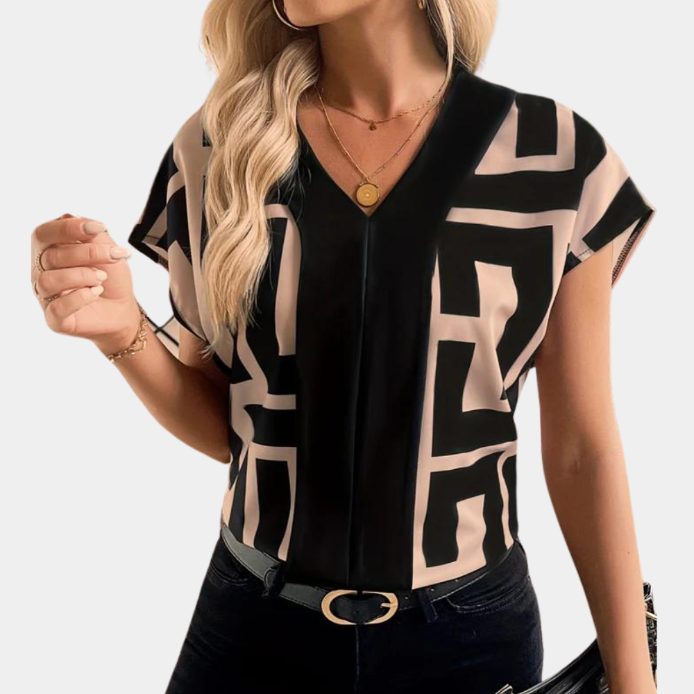 Viva | Elegante Geometrische Damenbluse mit V-Ausschnitt und Kurzen Ärmeln 0
