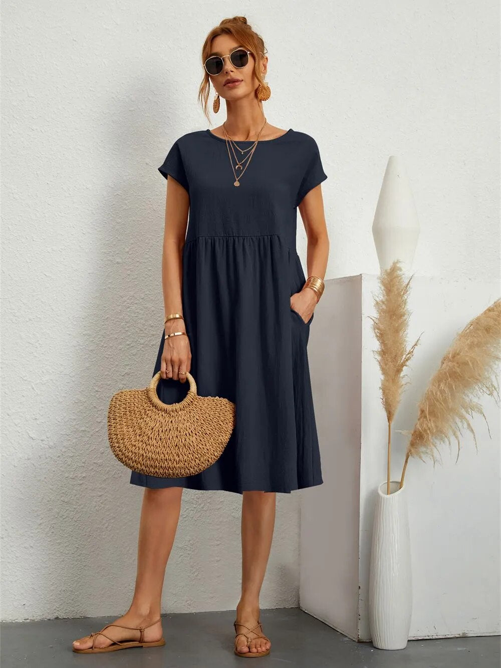 Sommerkleider Damen kurzärmelig mit Taschen