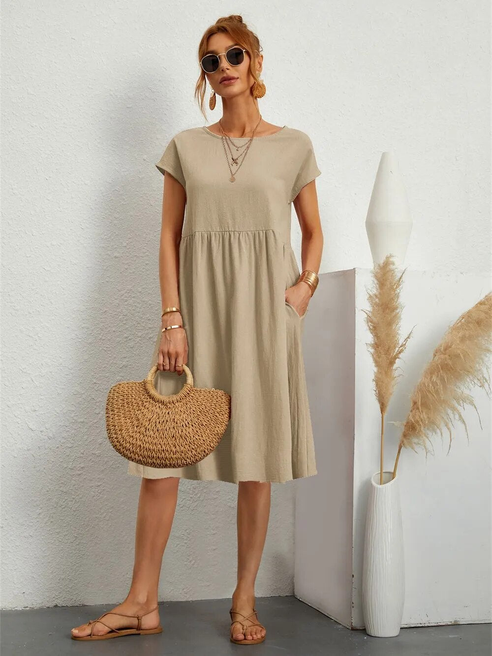 Sommerkleider Damen kurzärmelig mit Taschen