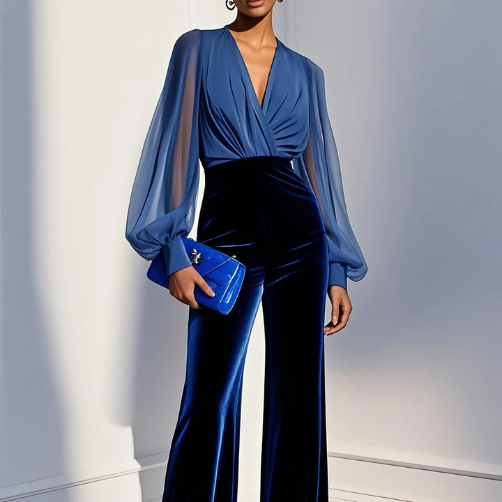 Damen-Jumpsuit aus Samt mit Mesh-Einsätzen und V-Ausschnitt