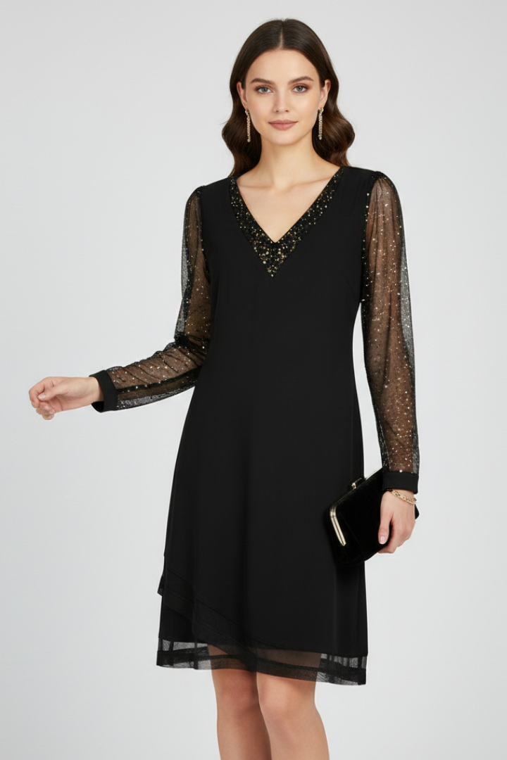 Emilia | Damen V-Ausschnitt Cocktailkleid mit Paillettenärmeln