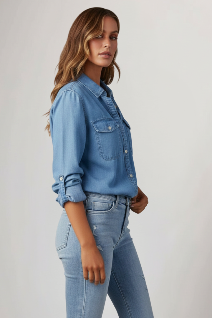 Johanna | Damen Denimhemd mit Knopfleiste vorne und langen Ärmeln