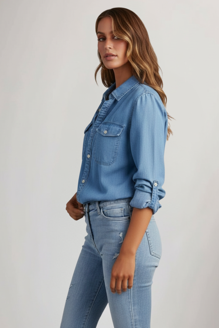 Johanna | Damen Denimhemd mit Knopfleiste vorne und langen Ärmeln