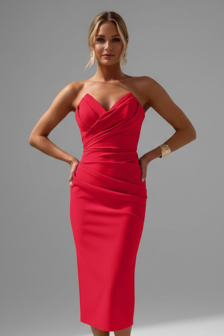 Daniela | Damenkleid mit trägerlosem Ausschnitt und gerafftem Rock