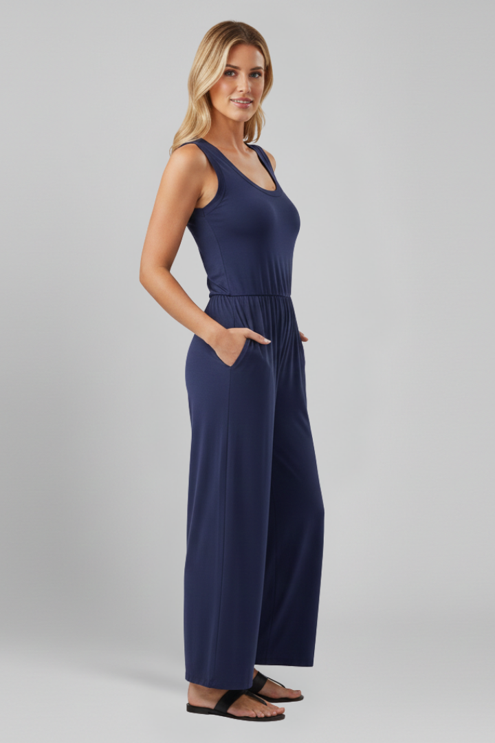 Julia | Damen Rundhals Wide-Leg Jumpsuit mit elastischem Bund