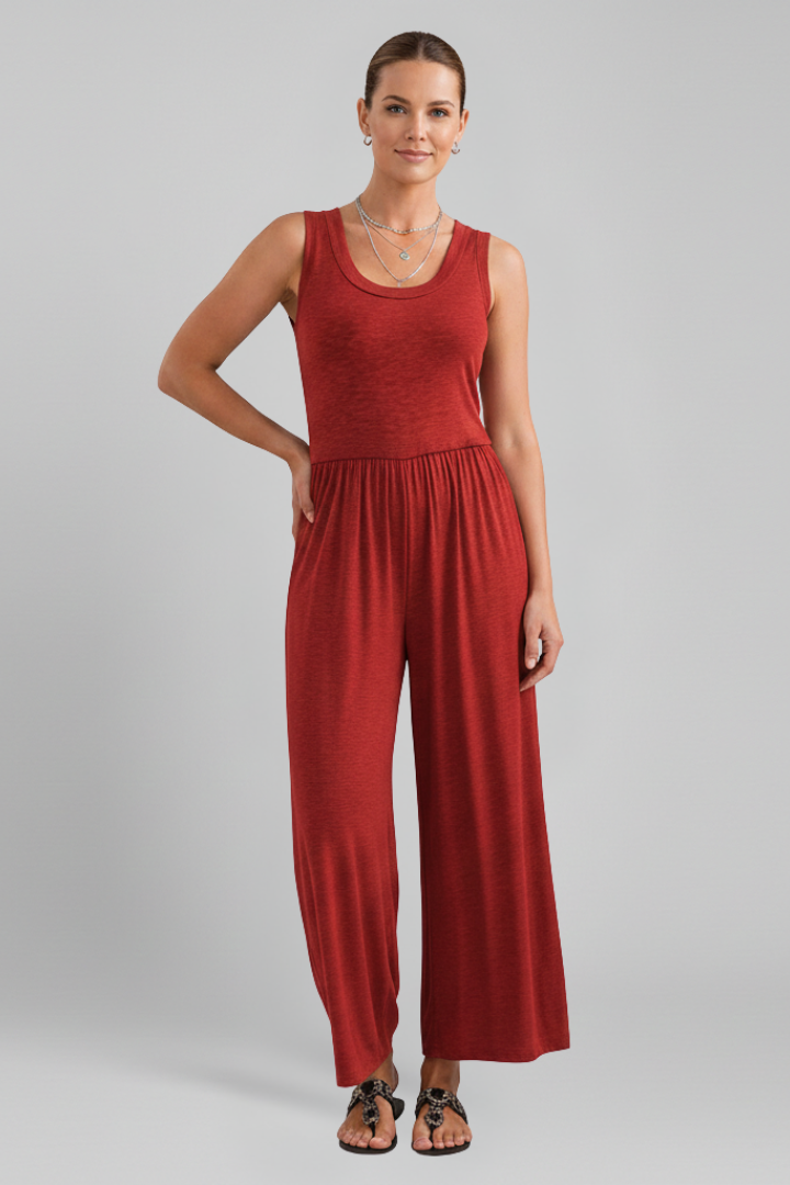 Julia | Damen Rundhals Wide-Leg Jumpsuit mit elastischem Bund