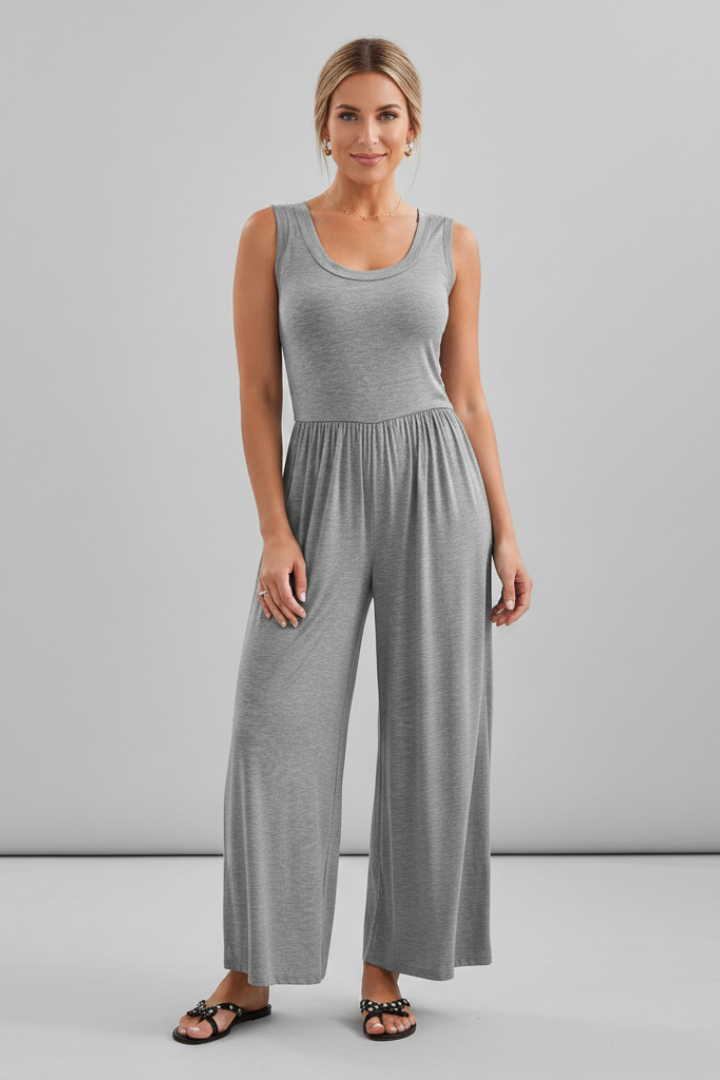 Julia | Damen Rundhals Wide-Leg Jumpsuit mit elastischem Bund