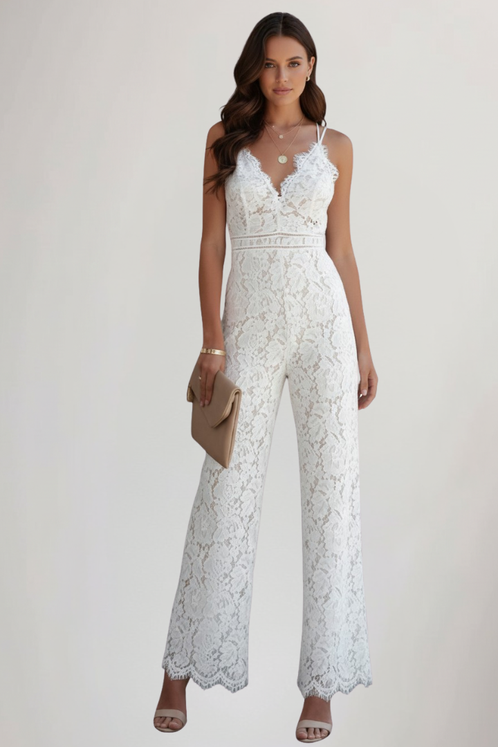 Johanna | Damen Ärmelloser Spitzen-V-Ausschnitt Wide-Leg Jumpsuit