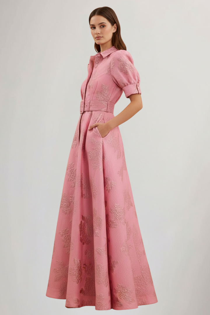 Jasmin | Damen Maxikleid mit Gürtel und kurzen Ärmeln
