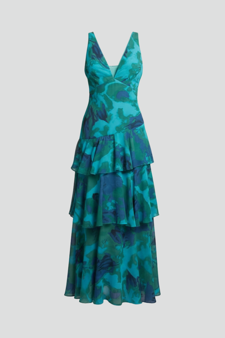 Lara | Damen Maxikleid mit gestuftem Rock und V-Ausschnitt
