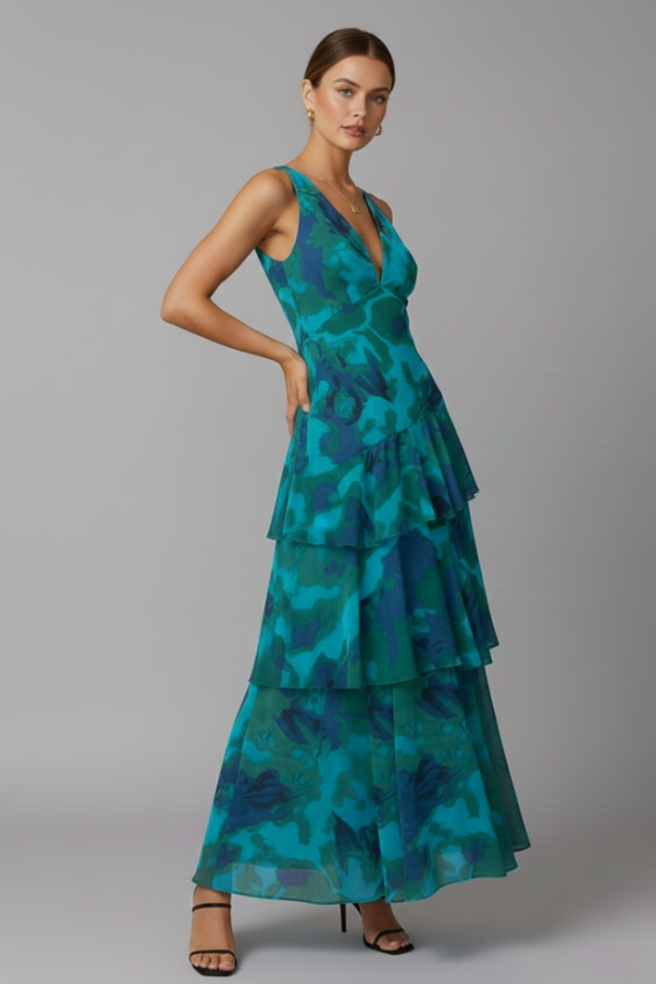 Lara | Damen Maxikleid mit gestuftem Rock und V-Ausschnitt