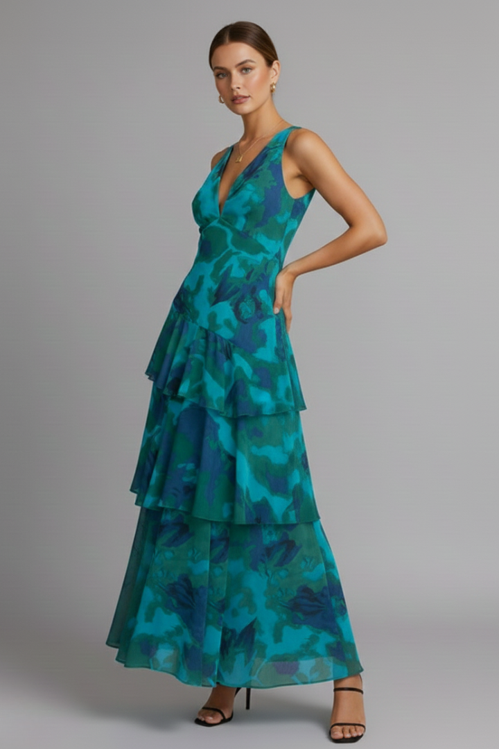 Lara | Damen Maxikleid mit gestuftem Rock und V-Ausschnitt