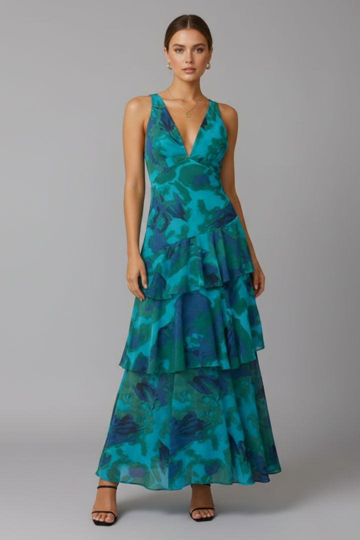 Lara | Damen Maxikleid mit gestuftem Rock und V-Ausschnitt