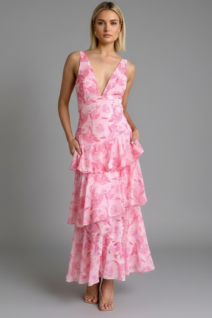 Lara | Damen Maxikleid mit gestuftem Rock und V-Ausschnitt