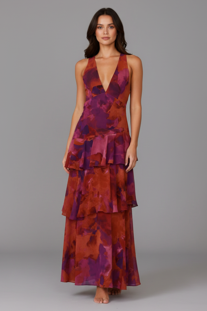 Lara | Damen Maxikleid mit gestuftem Rock und V-Ausschnitt