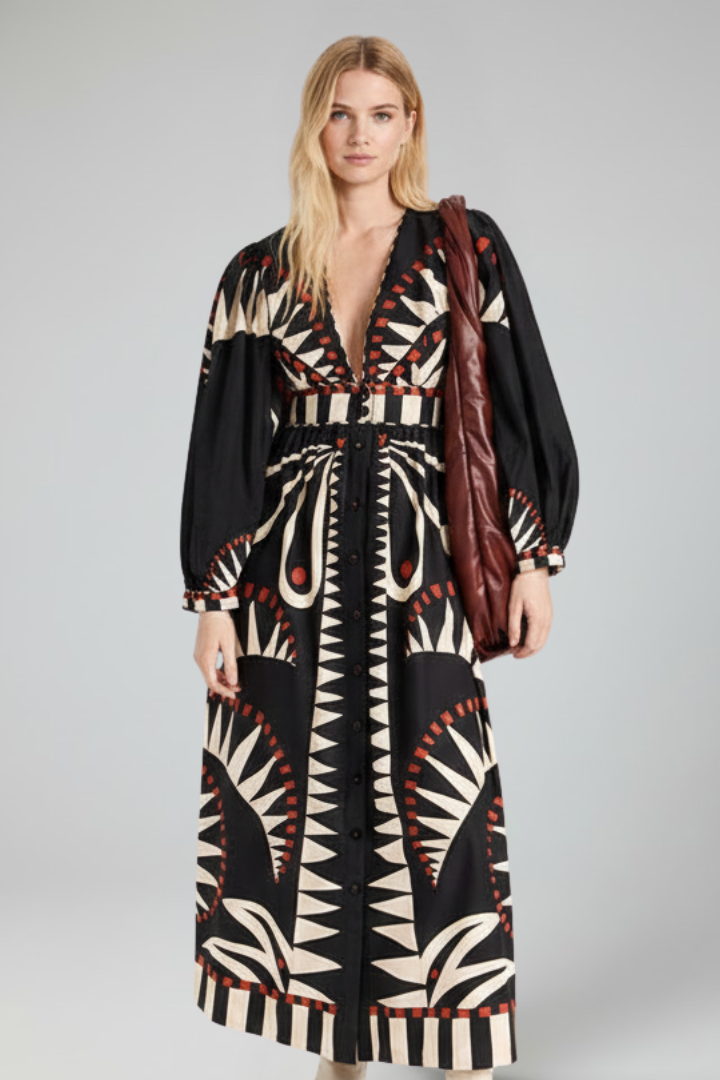 Jessica | Damen Maxikleid mit V-Ausschnitt und langen Ärmeln