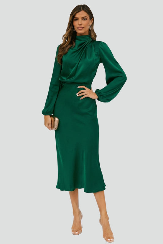 Lena | Damen Midikleid mit hohem Ausschnitt und langen Ärmeln