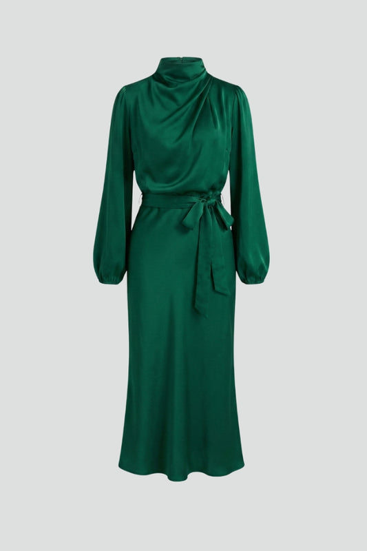 Lena | Damen Midikleid mit hohem Ausschnitt und langen Ärmeln
